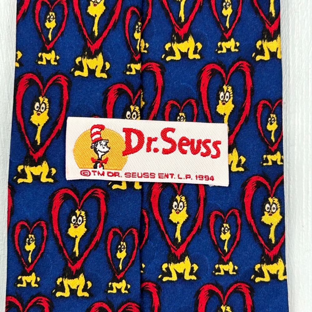 Vintage 1996 Dr Seuss If I Ran The Zoo Silk Tie Blue Red Heart Esprit Men Access - Picture 2 of 6